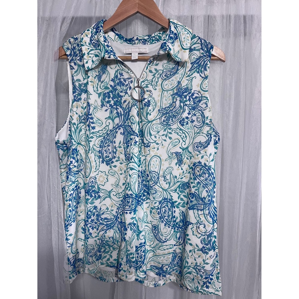 Juniper + Lime Blue Green Paisley Quarter Zip Sleeveless Top XL Ring Pull Collar